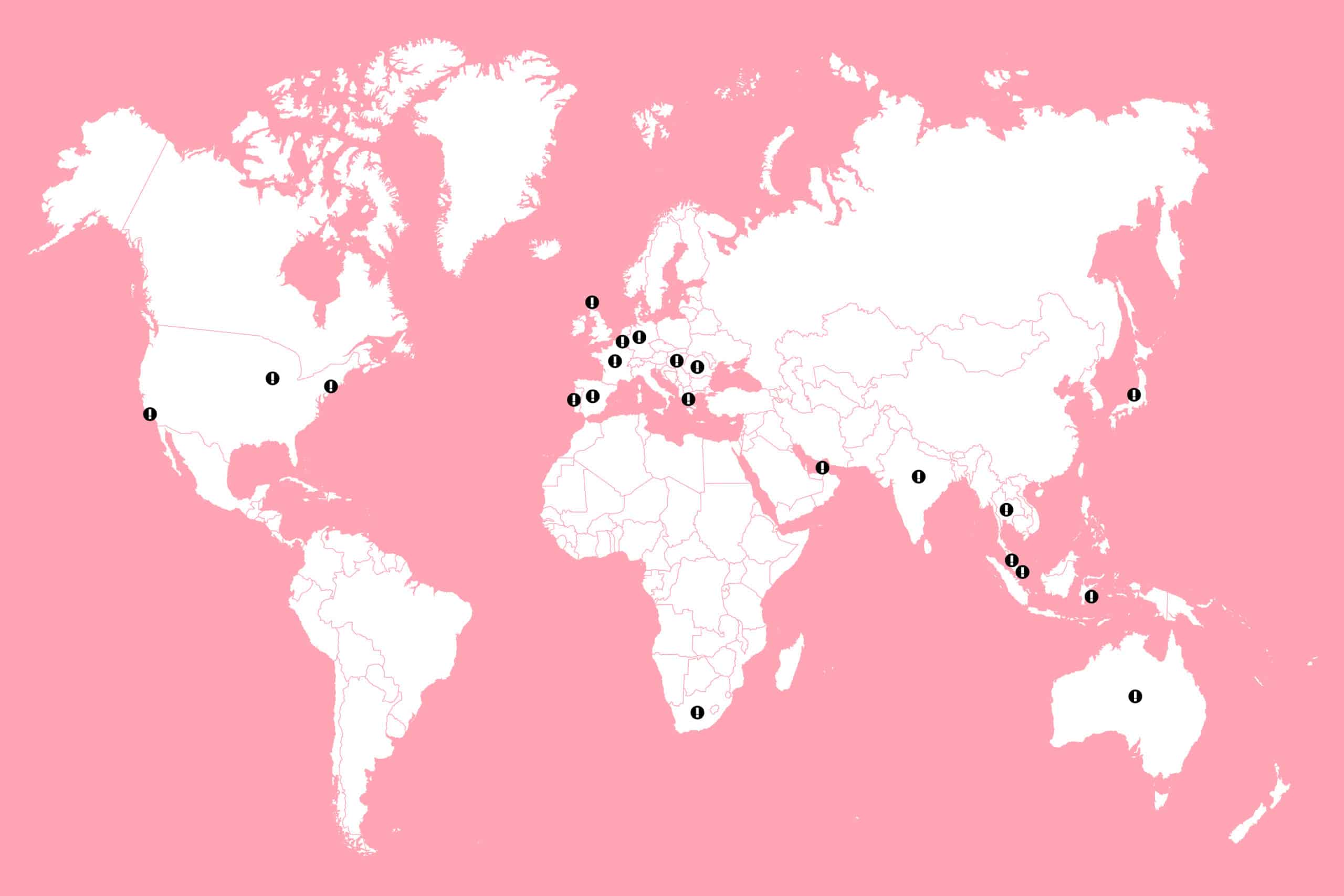 Map of the world showing the places where inter students have worked. 